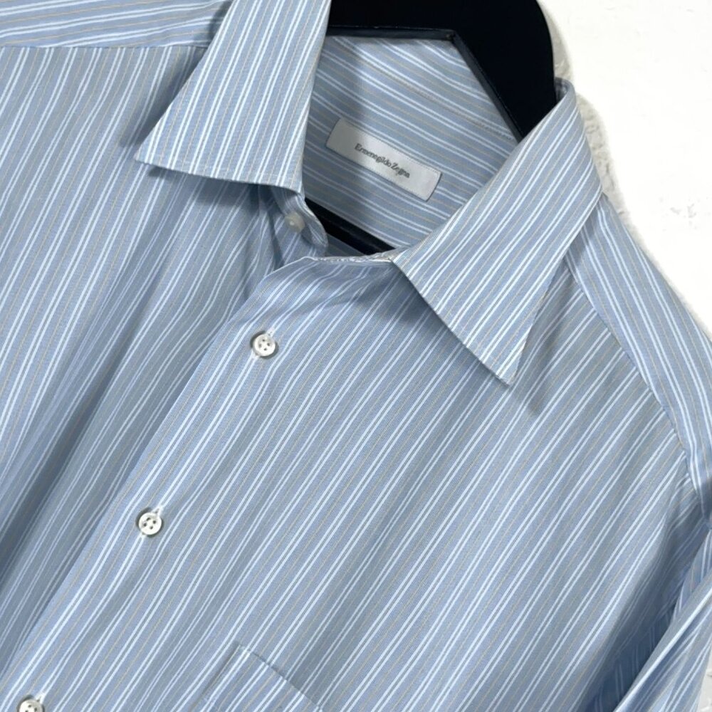 Ermenegildo Zegna P Comfort Fit 100% Cotton Blue Stripe Dress Shirt Mens 44/17.5